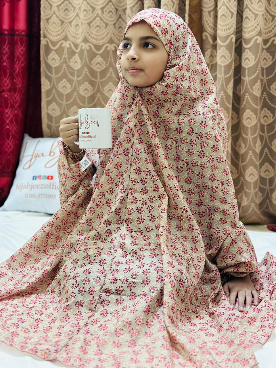 KIDS NAMAZ CHADDAR WITH FULL SLEEVES - Icy Pink with Curly Flowers 8 to 11 Years