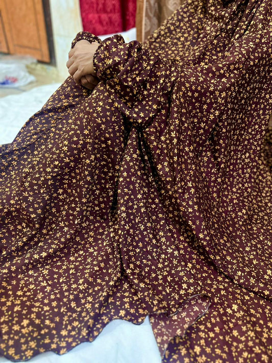 SWISS LAWN NAMAZ CHADDAR WITH SLEEVES - BROWN WITH PALE FLOWERS LARGE