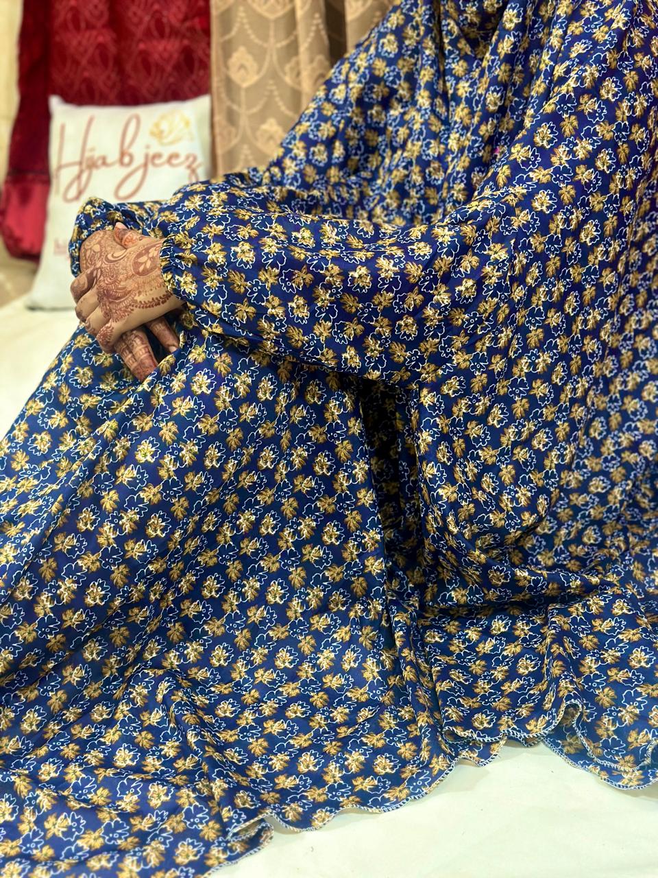 SWISS LAWN NAMAZ CHADDAR WITH SLEEVES - NAVY WITH GOLD CURLY FLOWERS LARGE