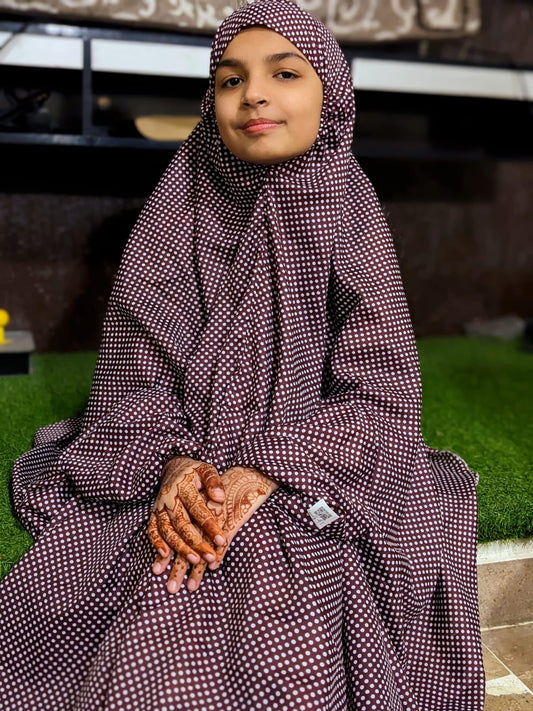 KIDS NAMAZ CHADDAR WITH FULL SLEEVES - Maroon Polka Dots 8 to 11 Years