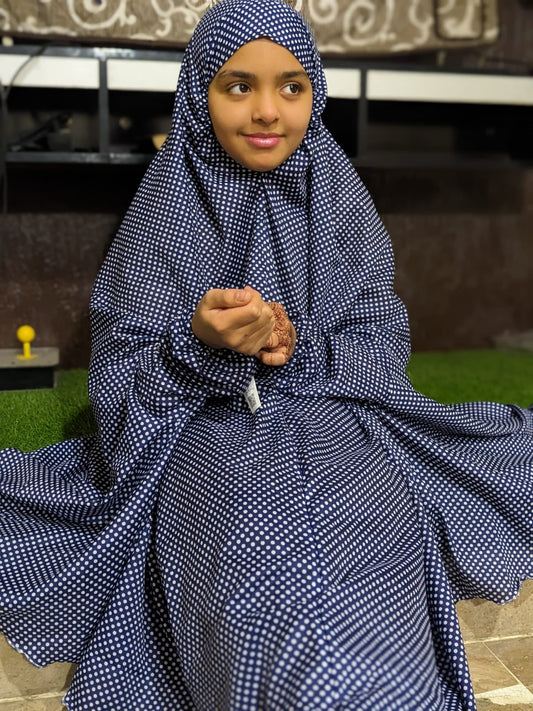 KIDS NAMAZ CHADDAR WITH FULL SLEEVES - Blue Polka Dots 12 to 14 Years