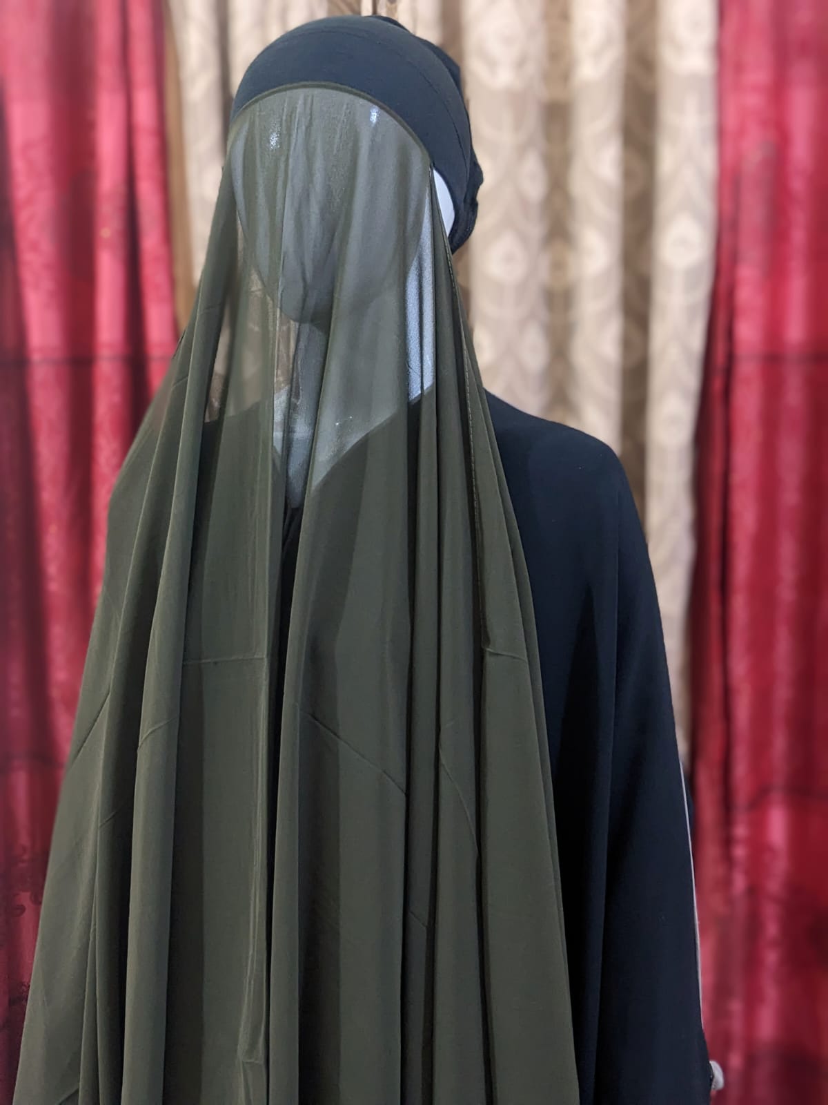 Georgette Hijab with attached Tube Cap - Olive Green