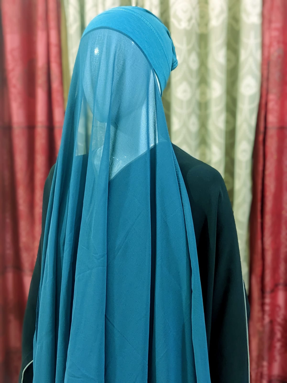 Georgette Hijab with attached Tube Cap - Bluish Green