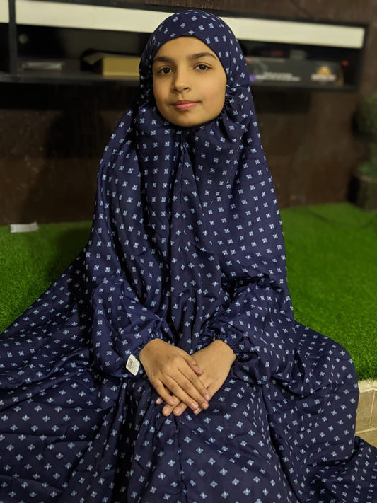 KIDS NAMAZ CHADDAR WITH FULL SLEEVES - Blue with Blue Leaves 8 to 11 Years