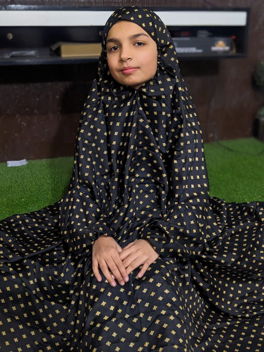 KIDS NAMAZ CHADDAR WITH FULL SLEEVES - Black with Beige Leaves 8 to 11 Years