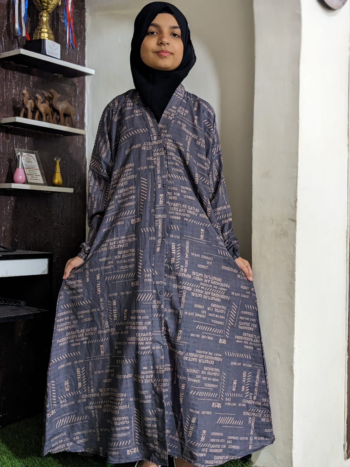 Pure Lawn Kids Abaya Front Open Style - Grey n Writing