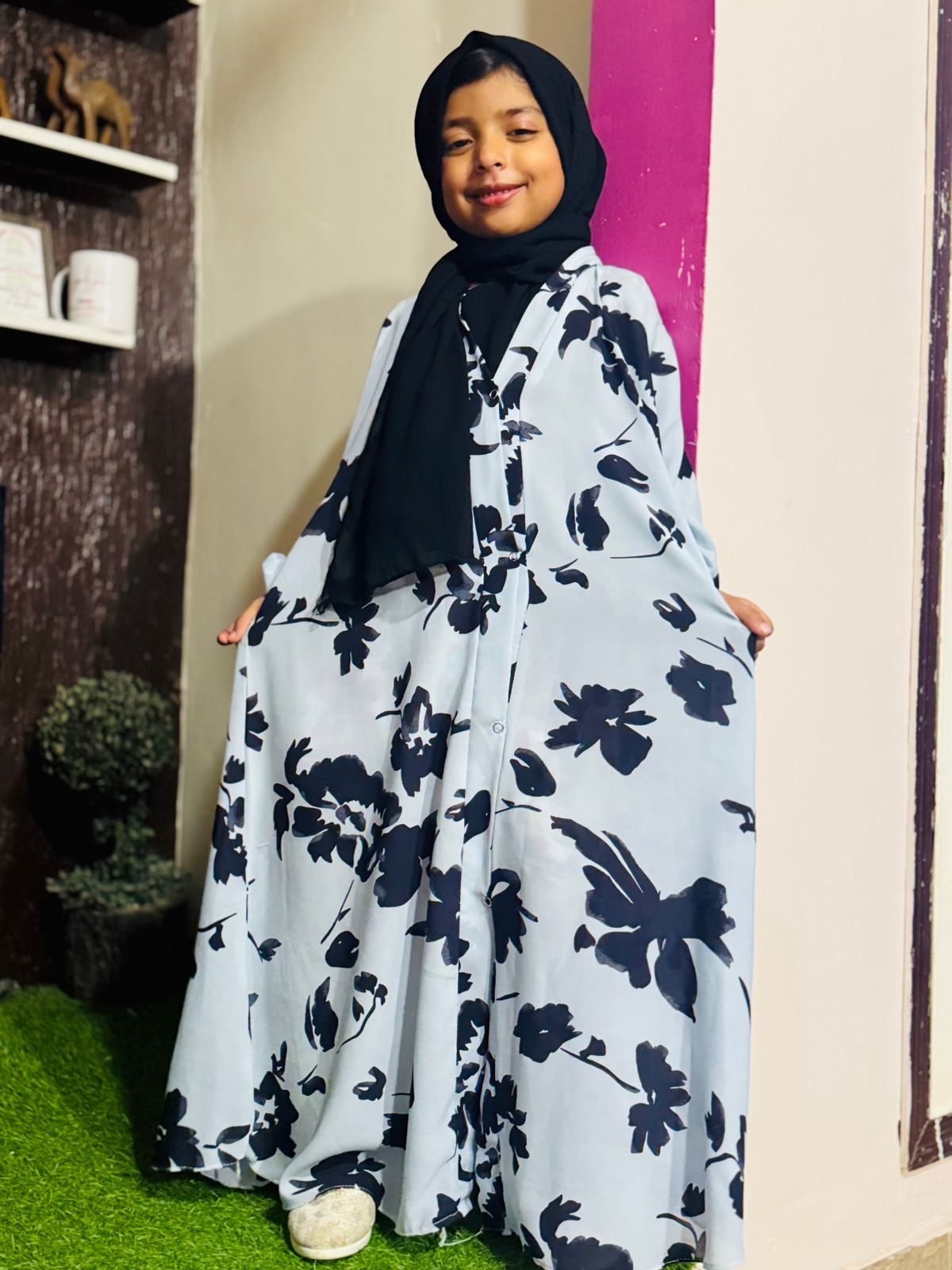 Kids Abaya Front Open Style - Black Softy Flora