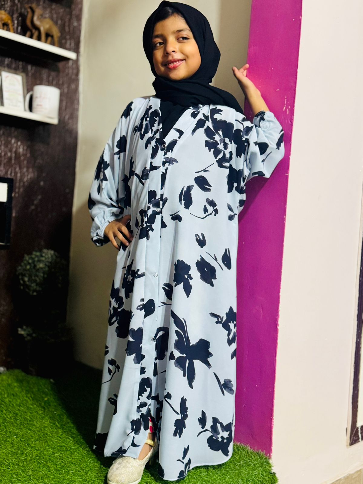 Kids Abaya Front Open Style - Black Softy Flora
