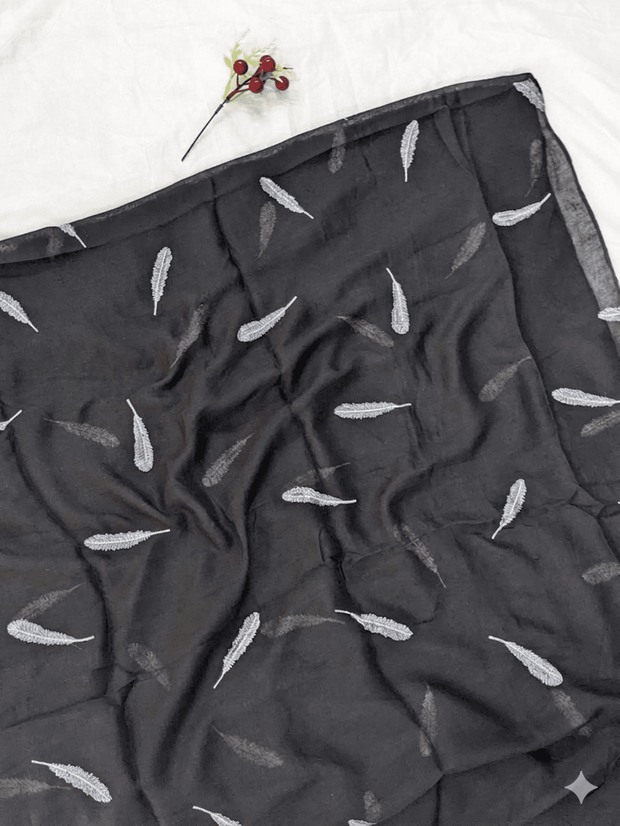 Lurex Feather Silver Embroidery Lawn Scarf - Black