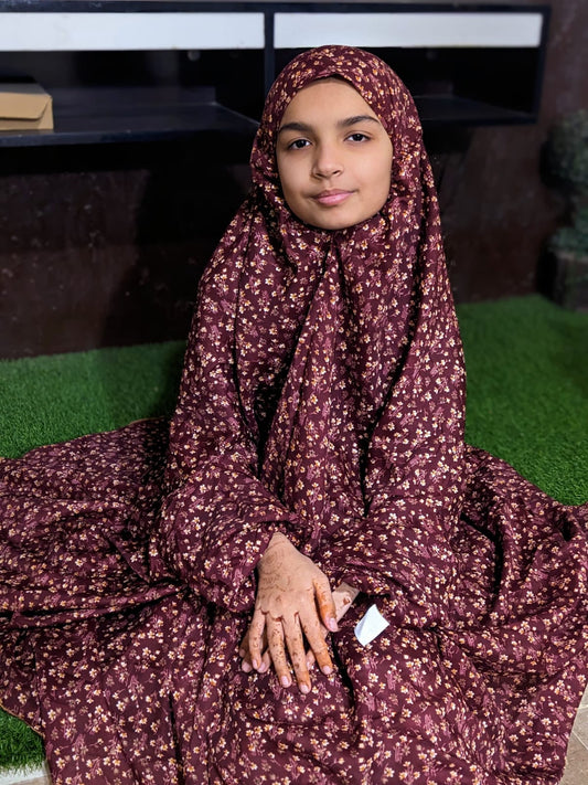 KIDS NAMAZ CHADDAR WITH FULL SLEEVES - Brown with Flowers 8 to 11 Years