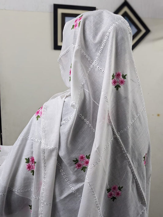 Premium Qualtiy Lawn Chaddar with Floral Pink Emb - White