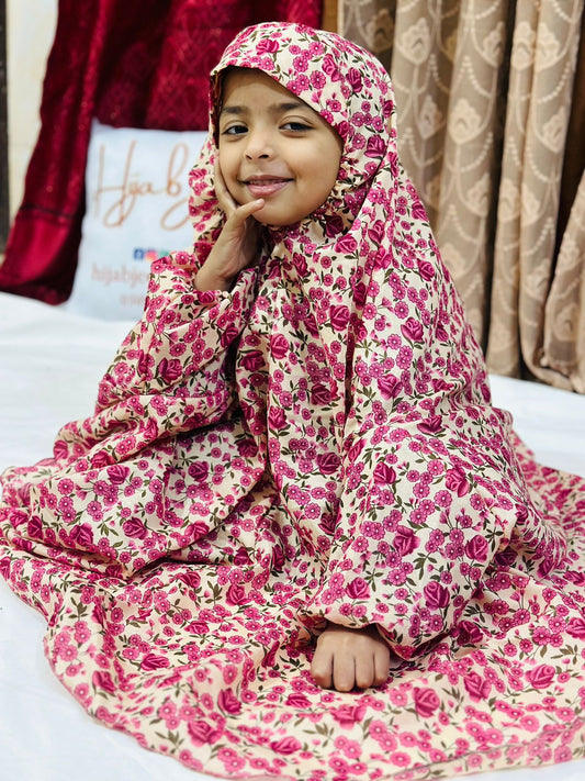 KIDS NAMAZ CHADDAR WITH FULL SLEEVES - ICY PINK WITH TULIP 5 to 7 Years