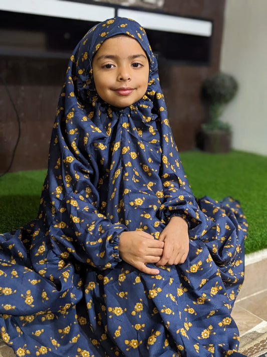 KIDS NAMAZ CHADDAR WITH FULL SLEEVES - BLUE WITH AMI FLORA 5 to 7 Years