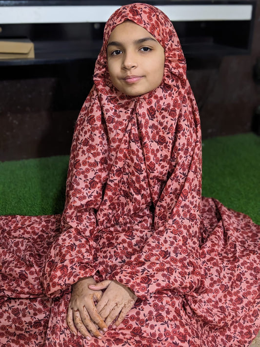 KIDS NAMAZ CHADDAR WITH FULL SLEEVES - French Rose with Tulip 8 to 11 Years