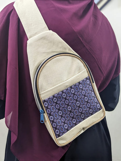 DENIM UMRAH AND TRAVELLING CARRY BAG WITH ZIPPER POCKETS AND ADJUSTER - PURPLE