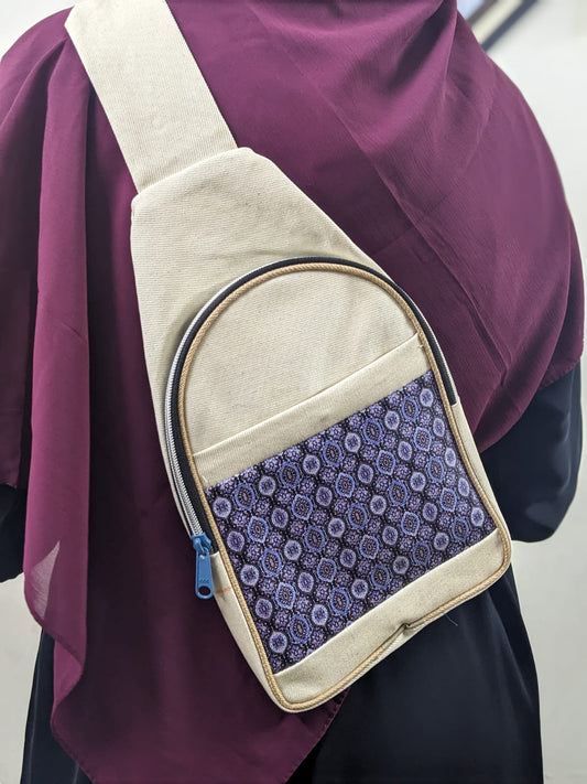 DENIM UMRAH AND TRAVELLING CARRY BAG WITH ZIPPER POCKETS AND ADJUSTER - PURPLE