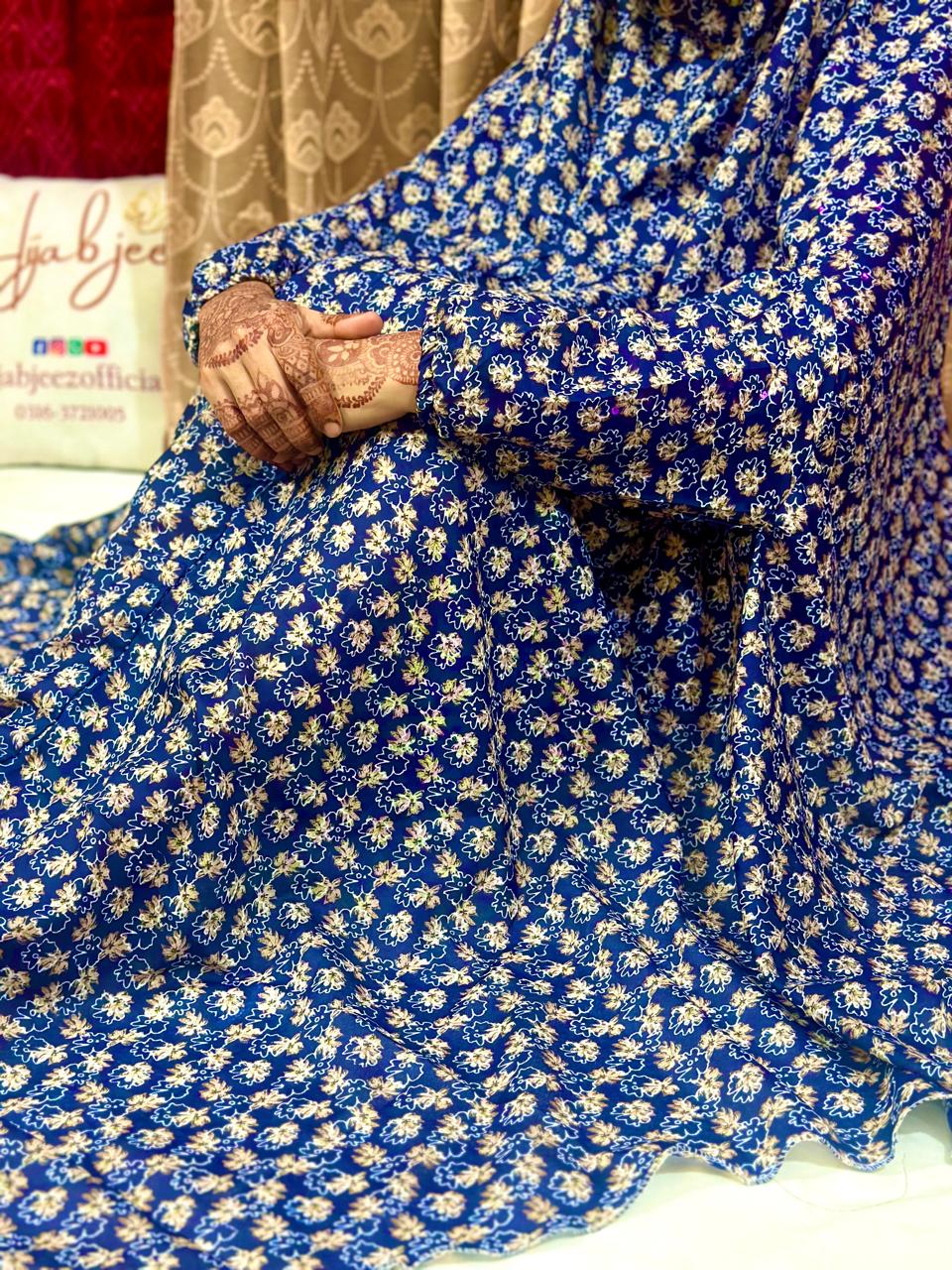 SWISS LAWN NAMAZ CHADDAR WITH SLEEVES - NAVY WITH CURLY FLOWERS LARGE