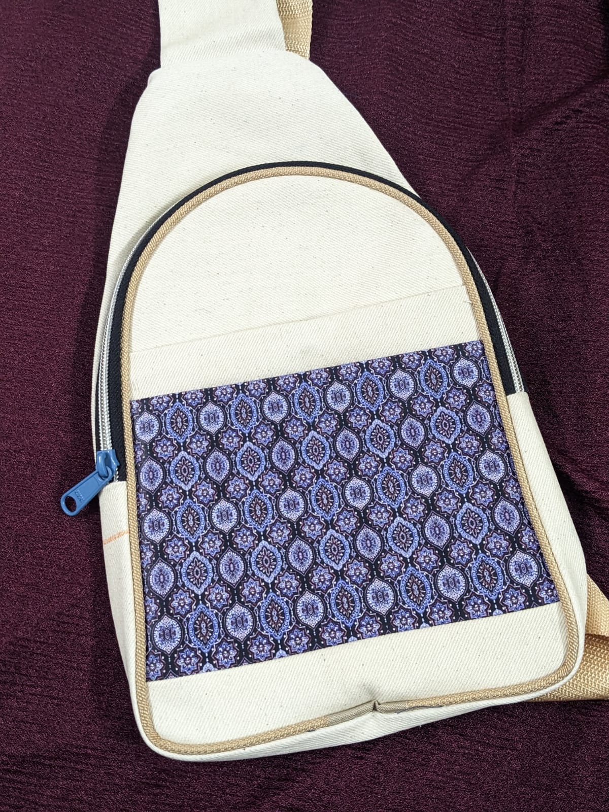 DENIM UMRAH AND TRAVELLING CARRY BAG WITH ZIPPER POCKETS AND ADJUSTER - PURPLE