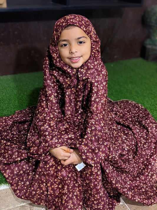 KIDS NAMAZ CHADDAR WITH FULL SLEEVES - Maroon with Flowers 5 to 7 Years