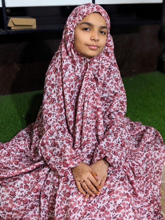 KIDS NAMAZ CHADDAR WITH FULL SLEEVES - Pinkish with Tulip 8 to 11 Years