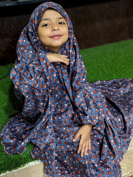 KIDS NAMAZ CHADDAR WITH FULL SLEEVES - Grey with Multi Flowers 5 to 7 Years