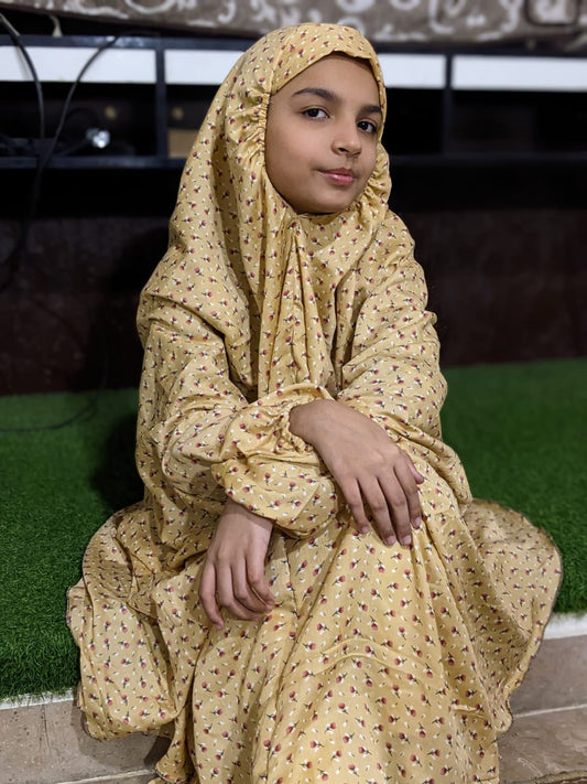 KIDS NAMAZ CHADDAR WITH FULL SLEEVES - Beige with pink Flowers 8 to 11 Years