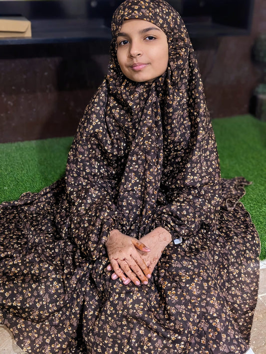 KIDS NAMAZ CHADDAR WITH FULL SLEEVES - Brown with Flowers (8 to 11 Years)