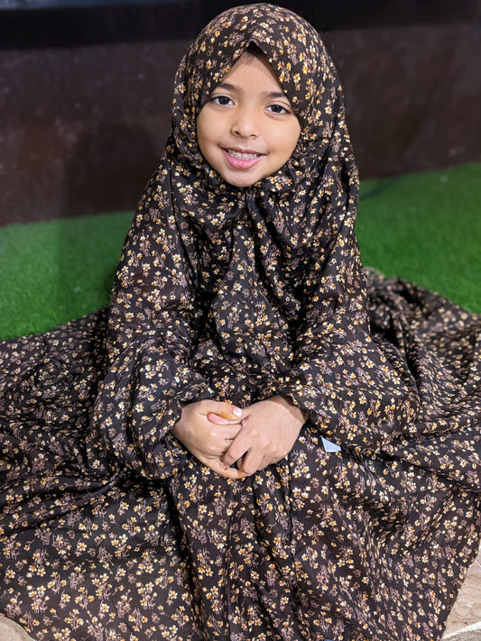 KIDS NAMAZ CHADDAR WITH FULL SLEEVES - Brown with Flowers 5 to 7 Years